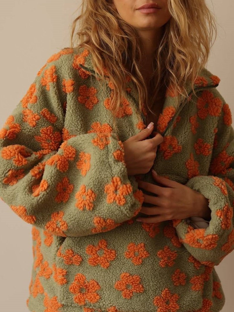 Floral Sherpa Quarter Zip Oversized Pullover - Green