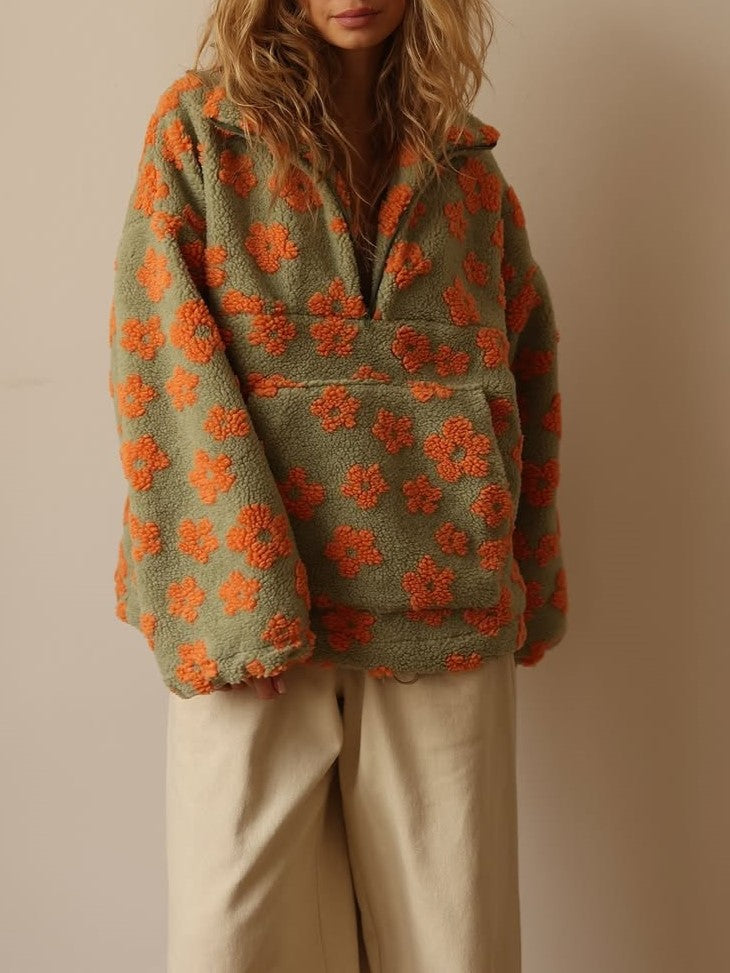 Floral Sherpa Quarter Zip Oversized Pullover - Green - 1