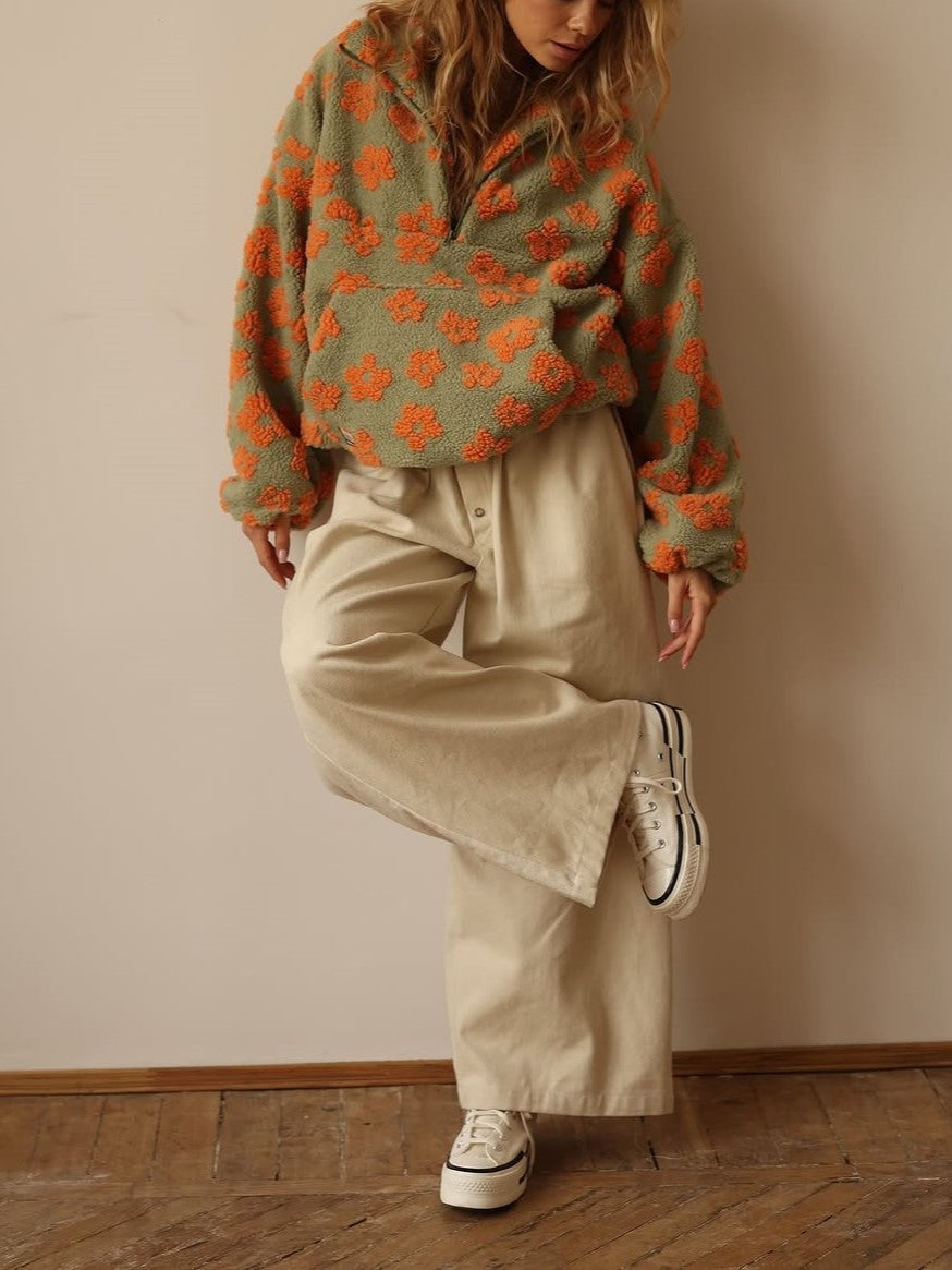 Floral Sherpa Quarter Zip Oversized Pullover - Green - 2