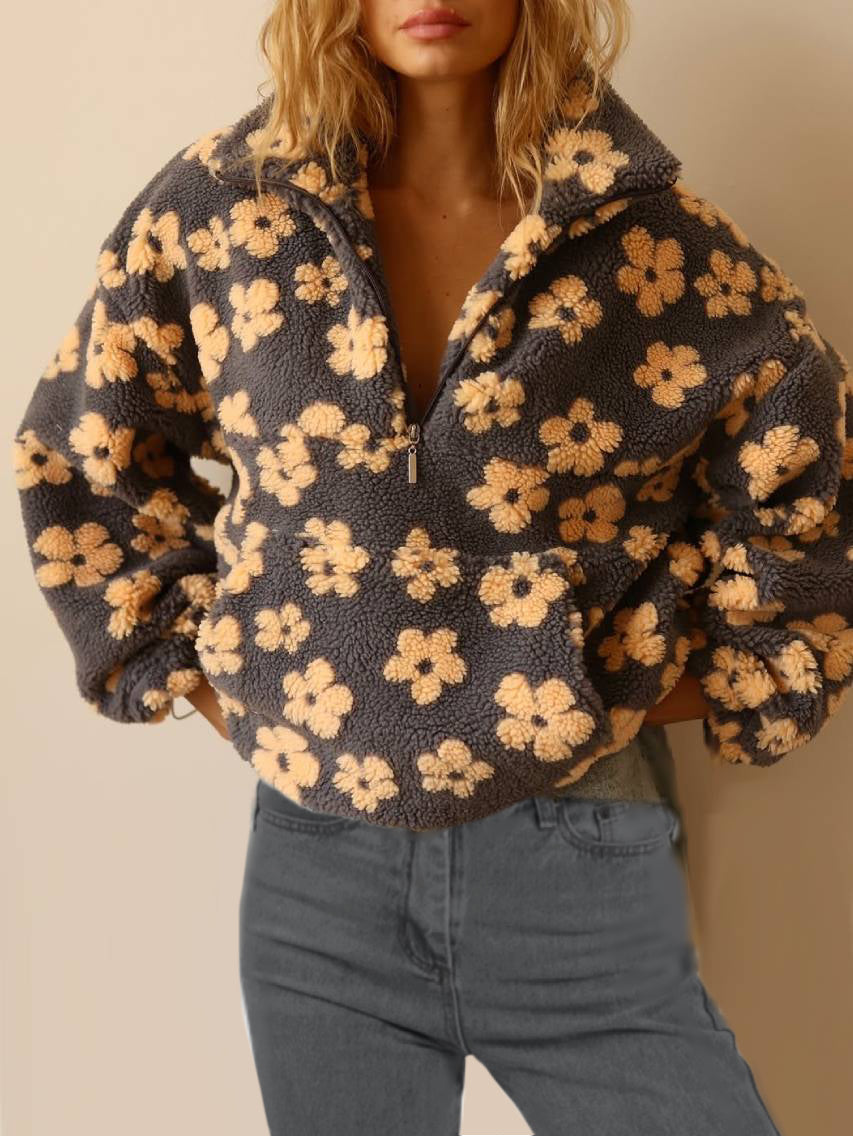 Floral Sherpa Quarter Zip Oversized Pullover - Grey