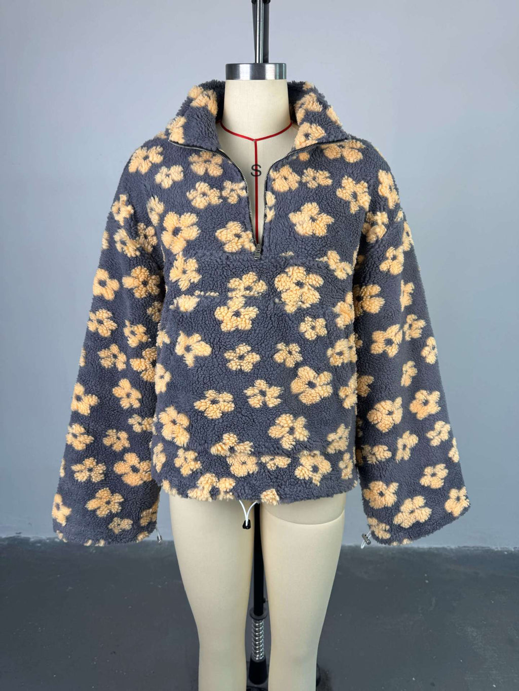 Floral Sherpa Quarter Zip Oversized Pullover - Grey - 1