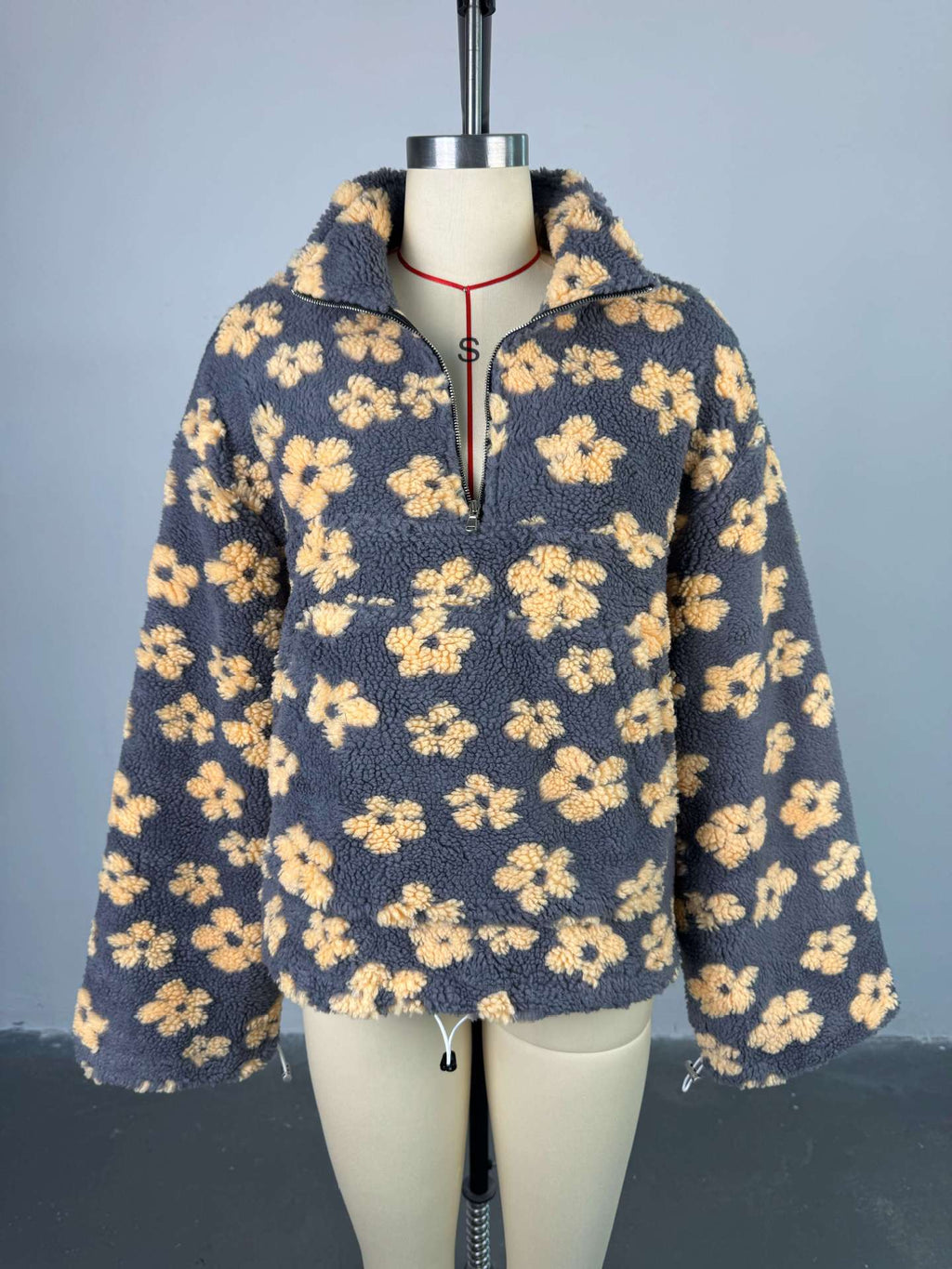 Floral Sherpa Quarter Zip Oversized Pullover - Grey - 2