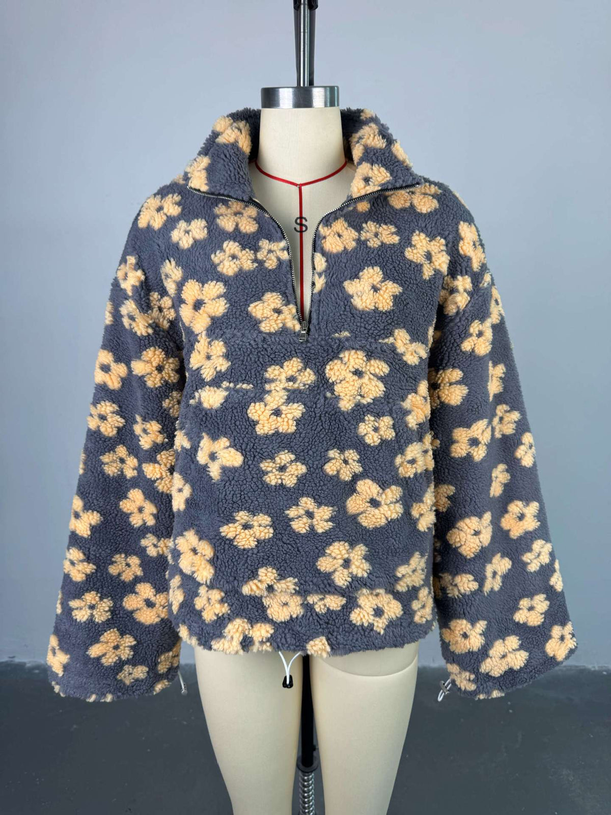 Floral Sherpa Quarter Zip Oversized Pullover - Grey - 2