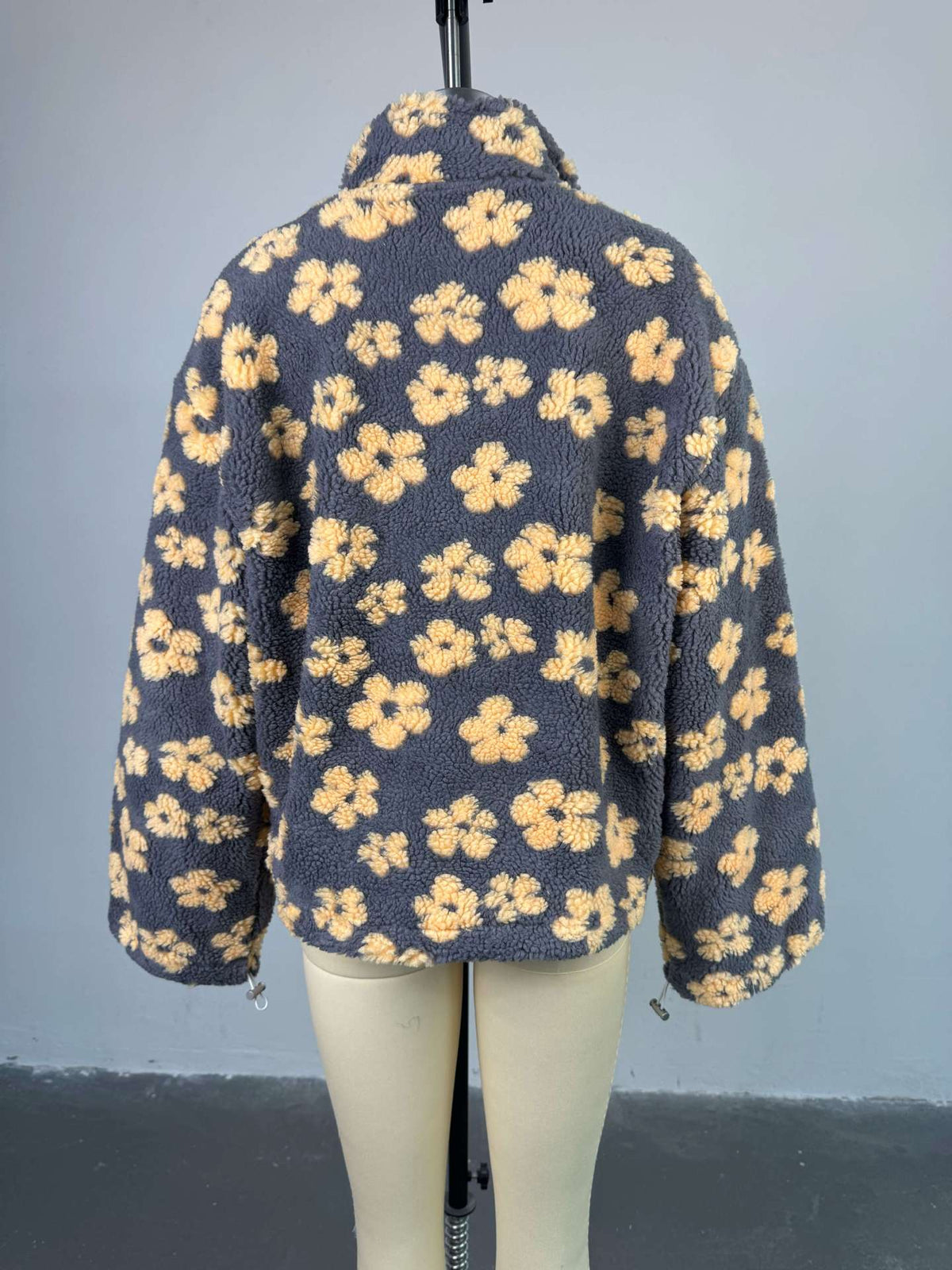 Floral Sherpa Quarter Zip Oversized Pullover - Grey - 4