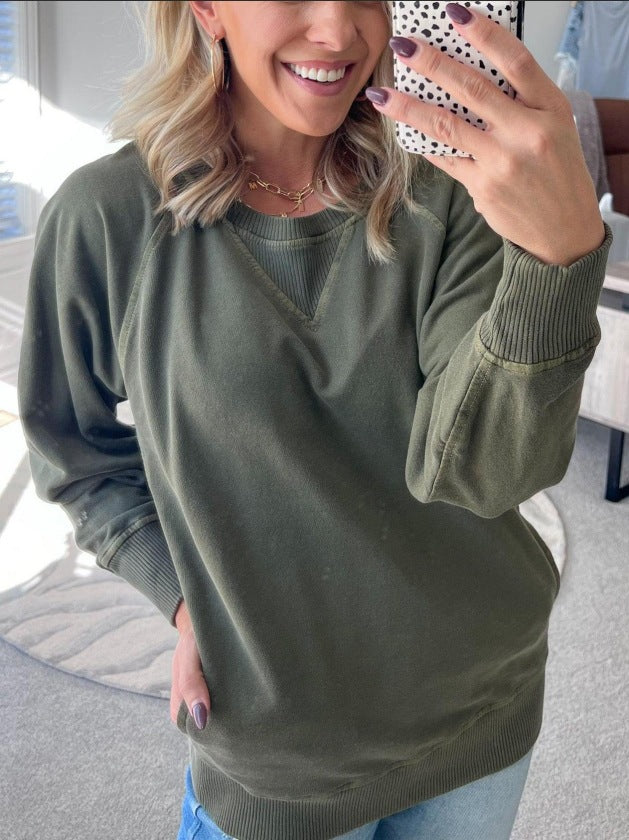 Garment Dyed Raglan Pullover Sweatshirt - Olive