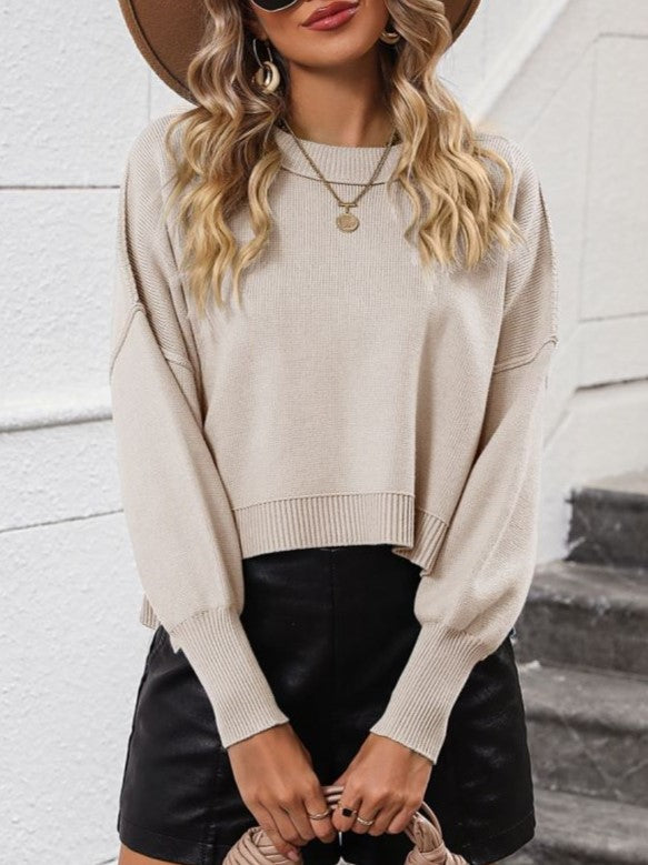 Cropped Boxy Crew Neck Batwing Sweater - Apricot - 3