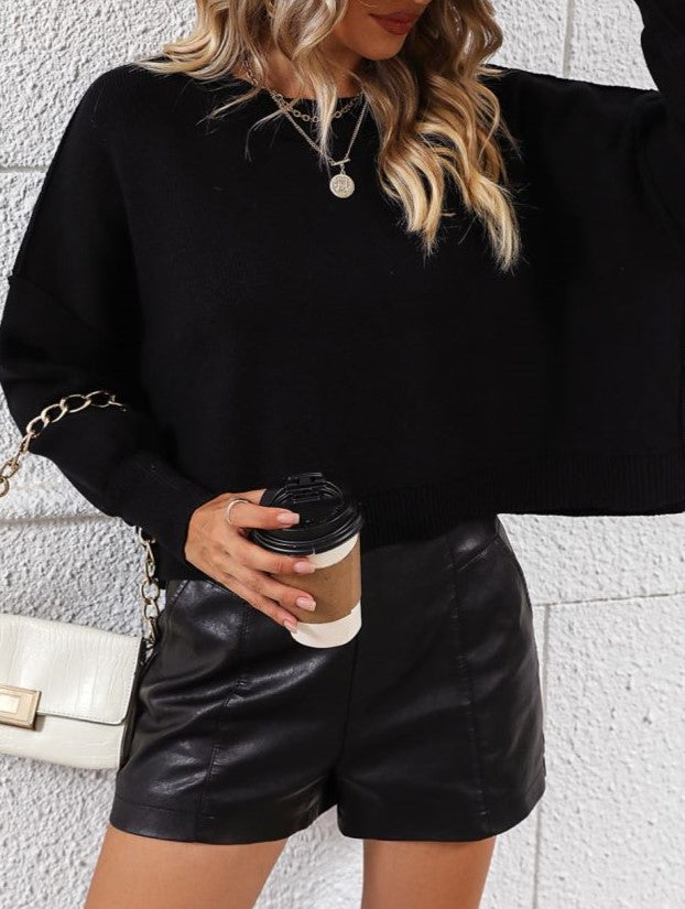 Cropped Boxy Crew Neck Batwing Sweater - Black - 2