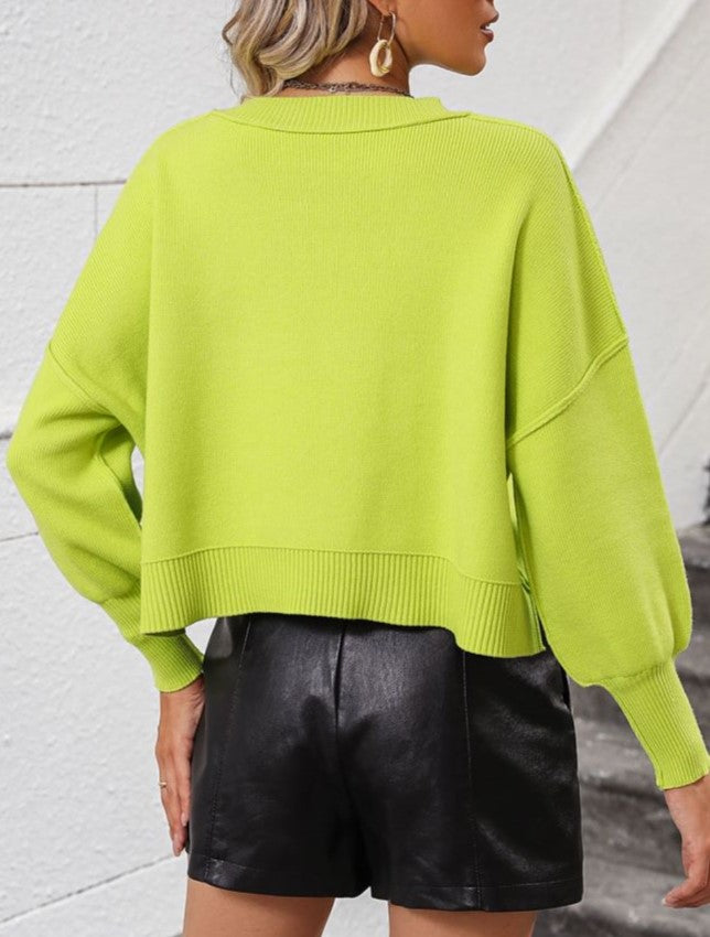 Cropped Boxy Crew Neck Batwing Sweater - Green - 2