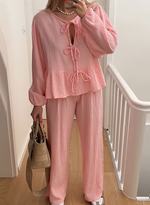 Crinkle Bow Front Top Pant Set - Pink