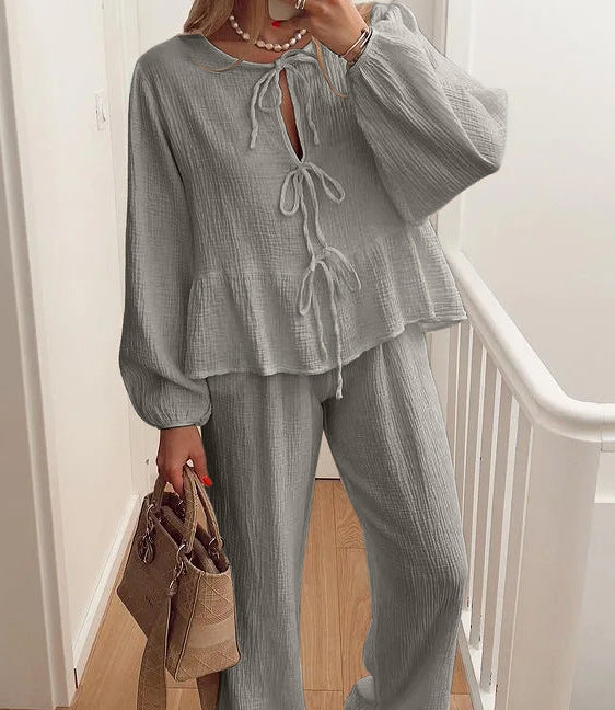 Crinkle Bow Front Top Pant Set - grey