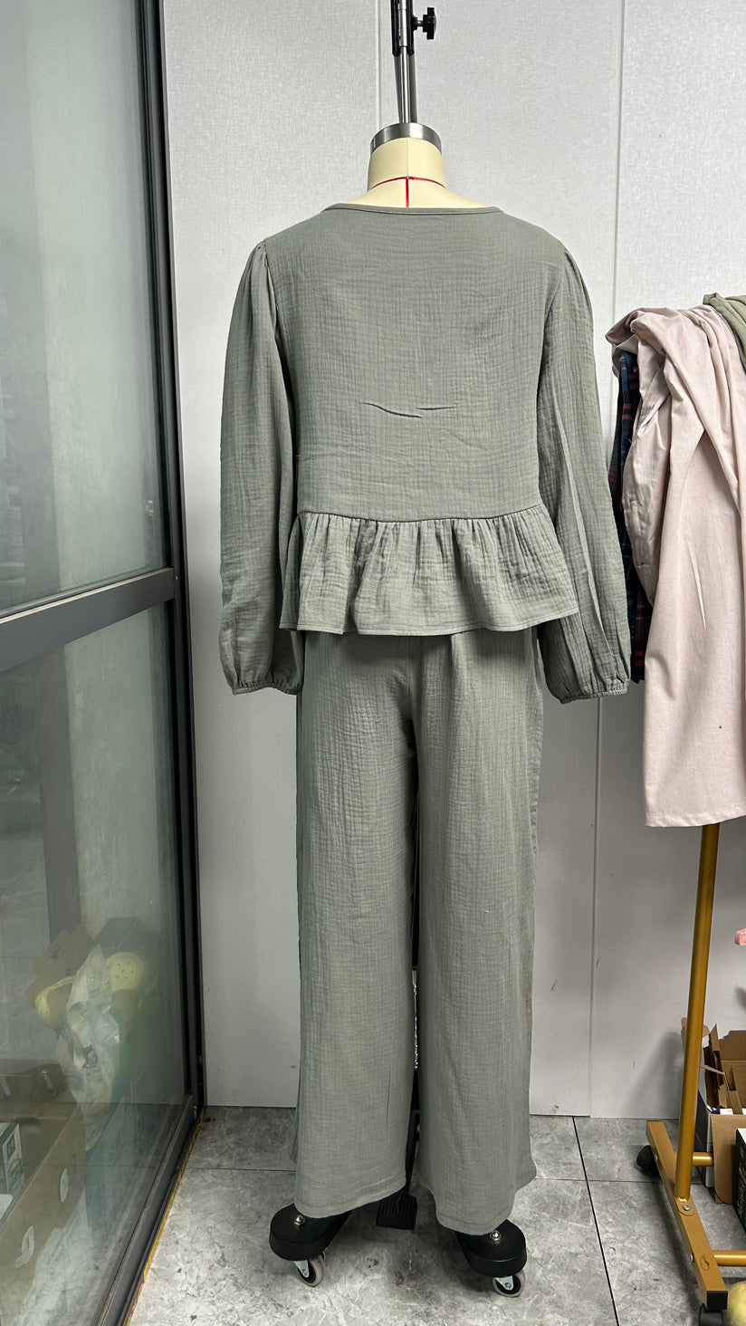 Crinkle Bow Front Top Pant Set - grey - 2