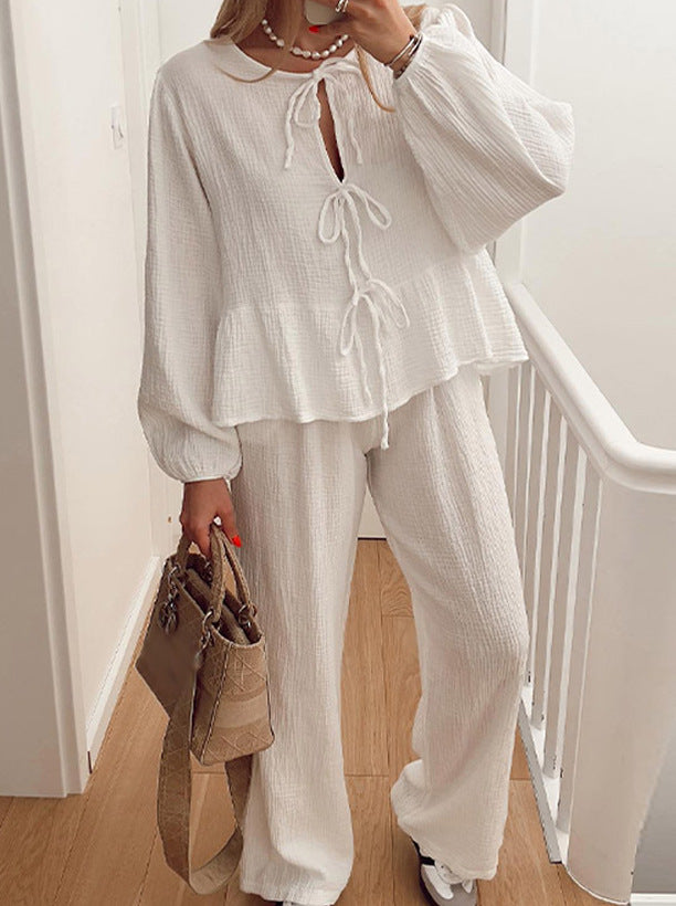 Crinkle Bow Front Top Pant Set - white