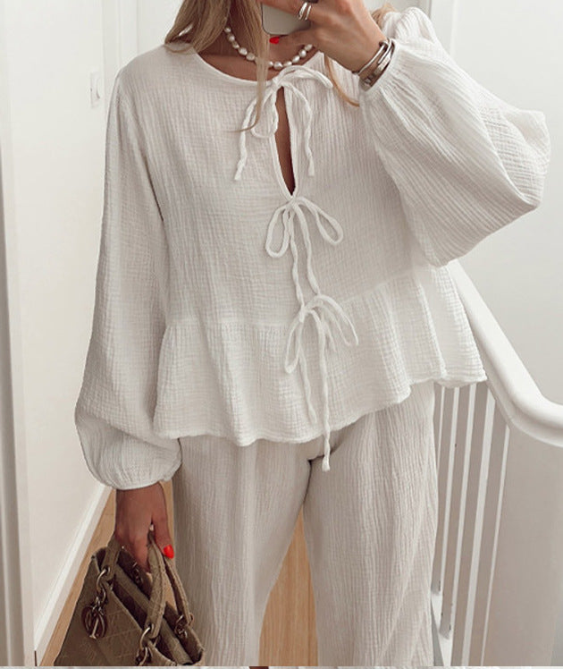 Crinkle Bow Front Top Pant Set - white - 2