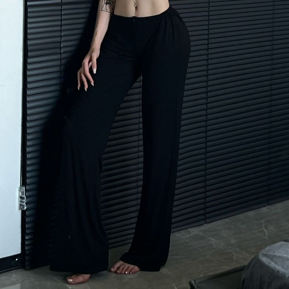 Soft Stretch Front Zip Wide Leg Yoga Pants - Black