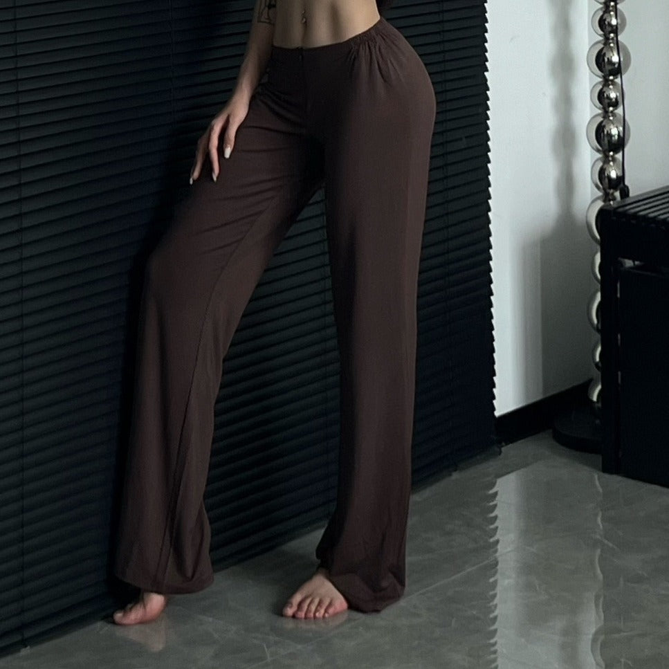 Soft Stretch Front Zip Wide Leg Yoga Pants - Brown