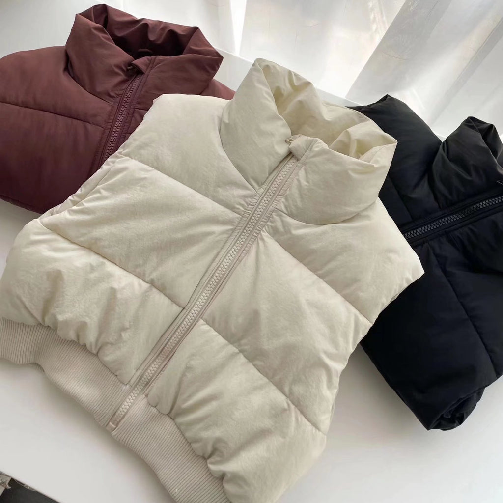 Cropped Funnel Neck Zip Puffer Vest - Beige - 2