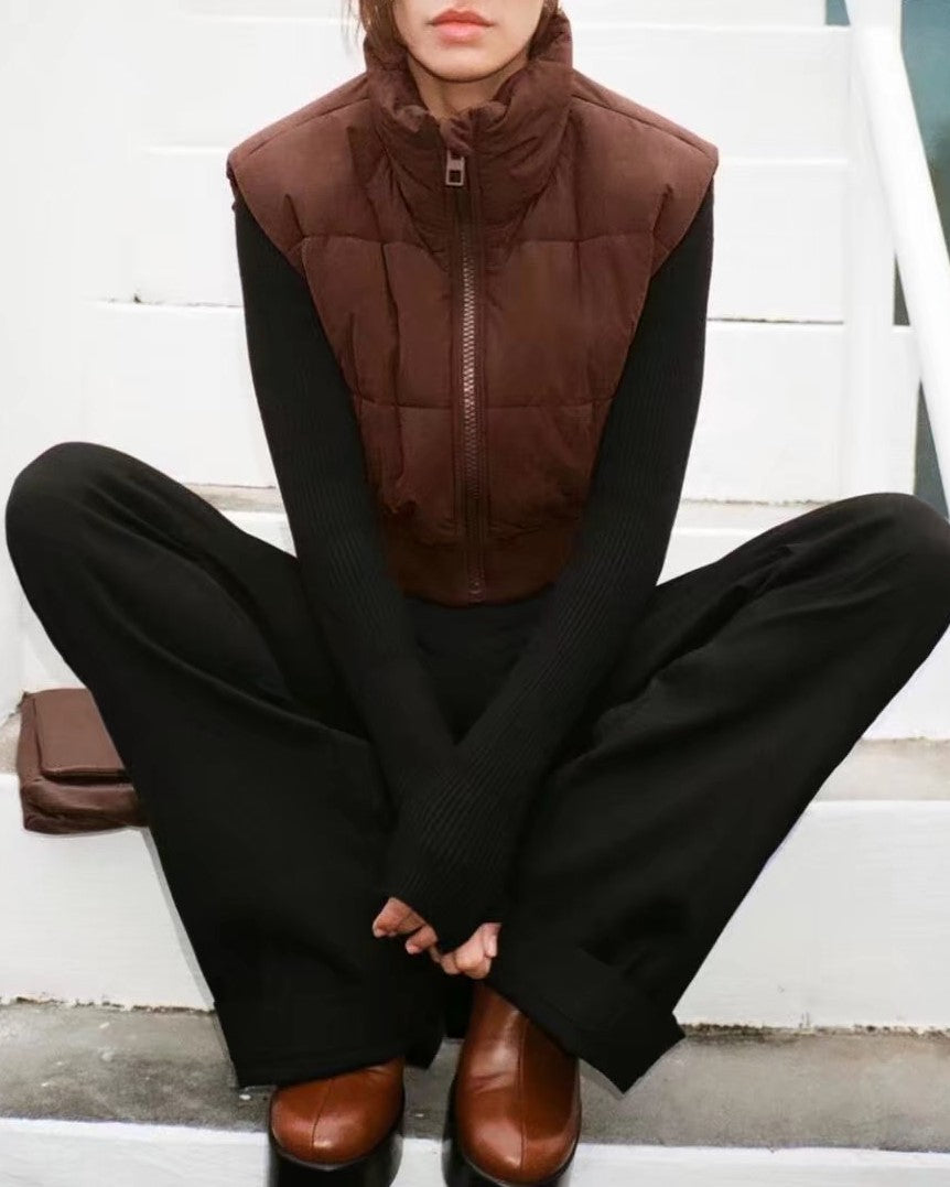 Cropped Funnel Neck Zip Puffer Vest - brown - 2