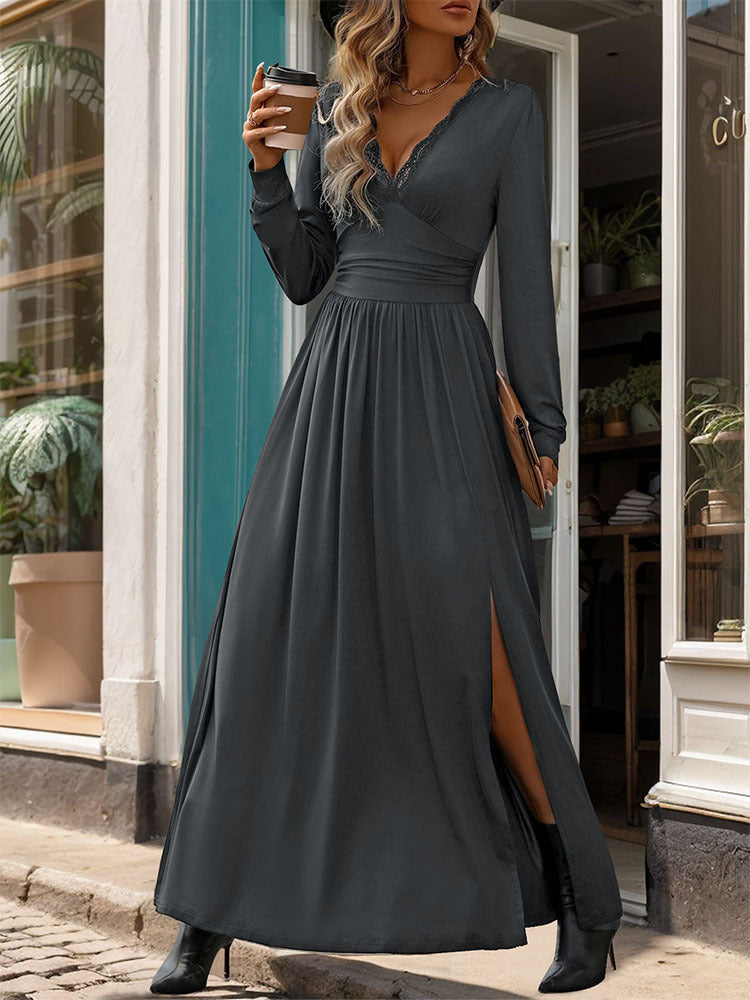 Lace Trim V Neck Split Maxi Dress - Darkgrey