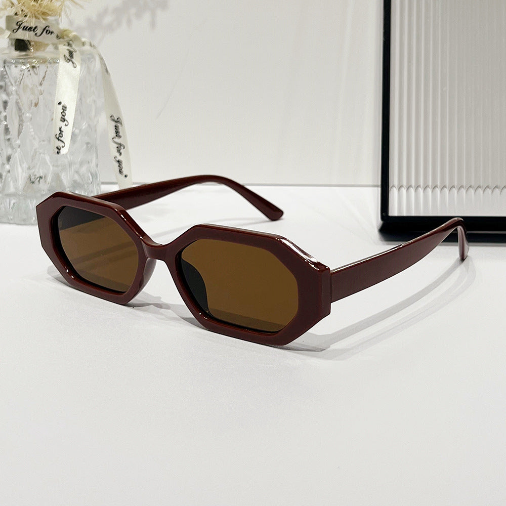 Angular Hexagon Slim Frame Sunglasses - Dark Red 