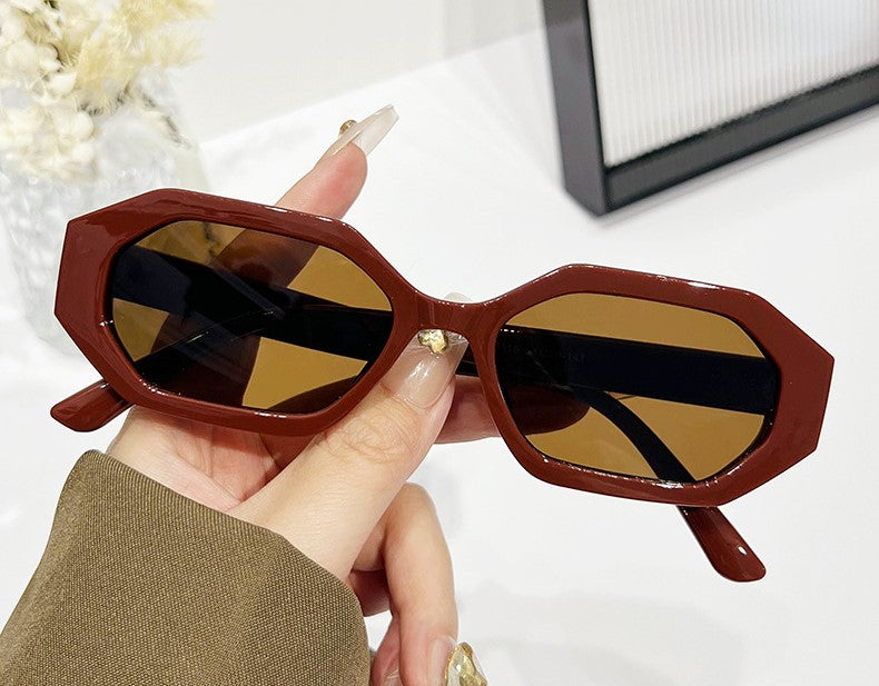 Angular Hexagon Slim Frame Sunglasses - Dark Red  - 1