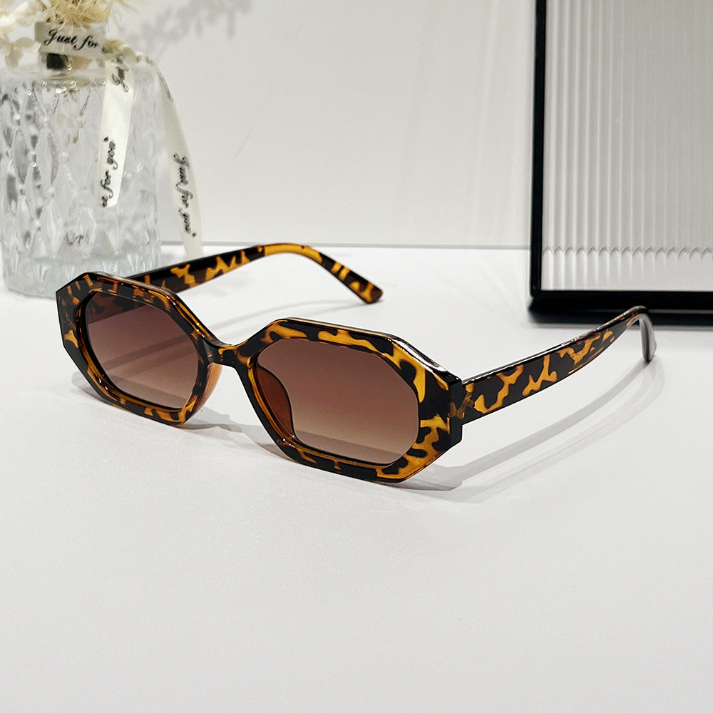 Angular Hexagon Slim Frame Sunglasses - Leopard