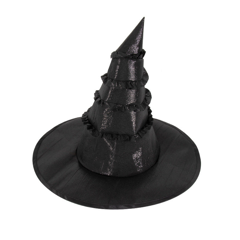 Pleated Satin Pointed Witch Hat - Black