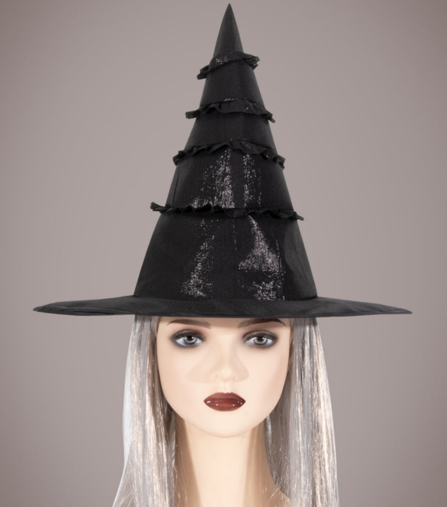 Pleated Satin Pointed Witch Hat - Black - 1