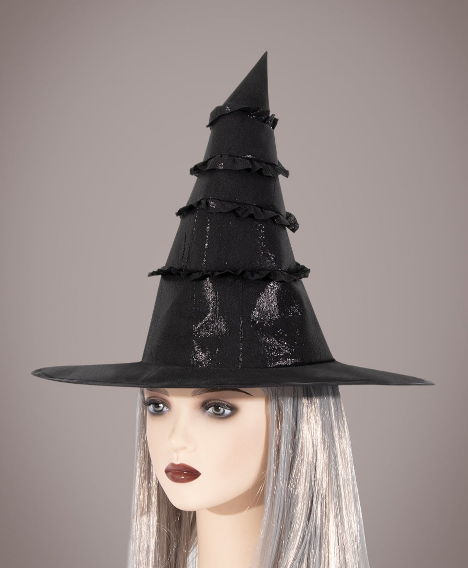 Pleated Satin Pointed Witch Hat - Black - 2