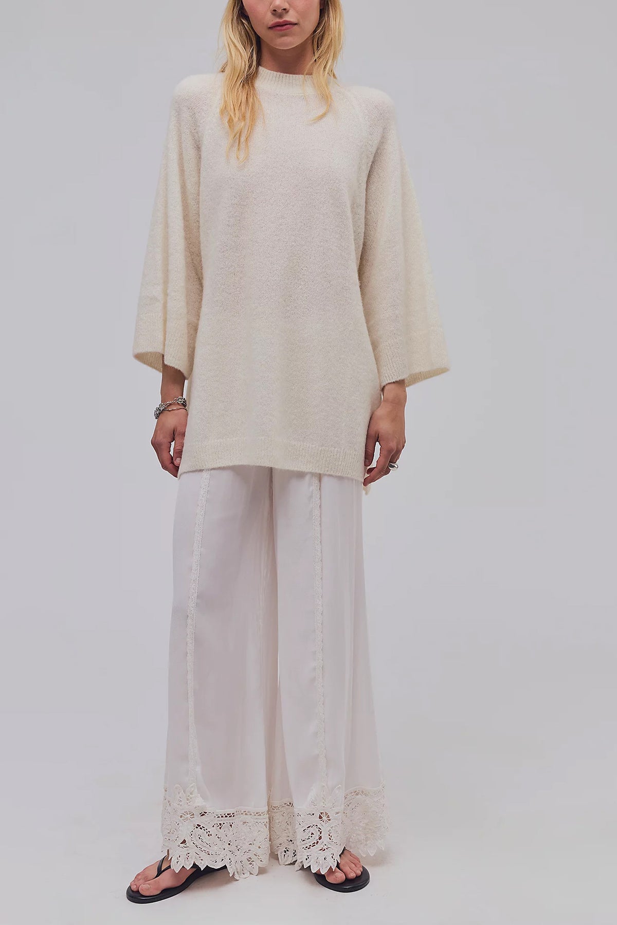 Oversized Tunic Sweater With Side Slits - Apricot