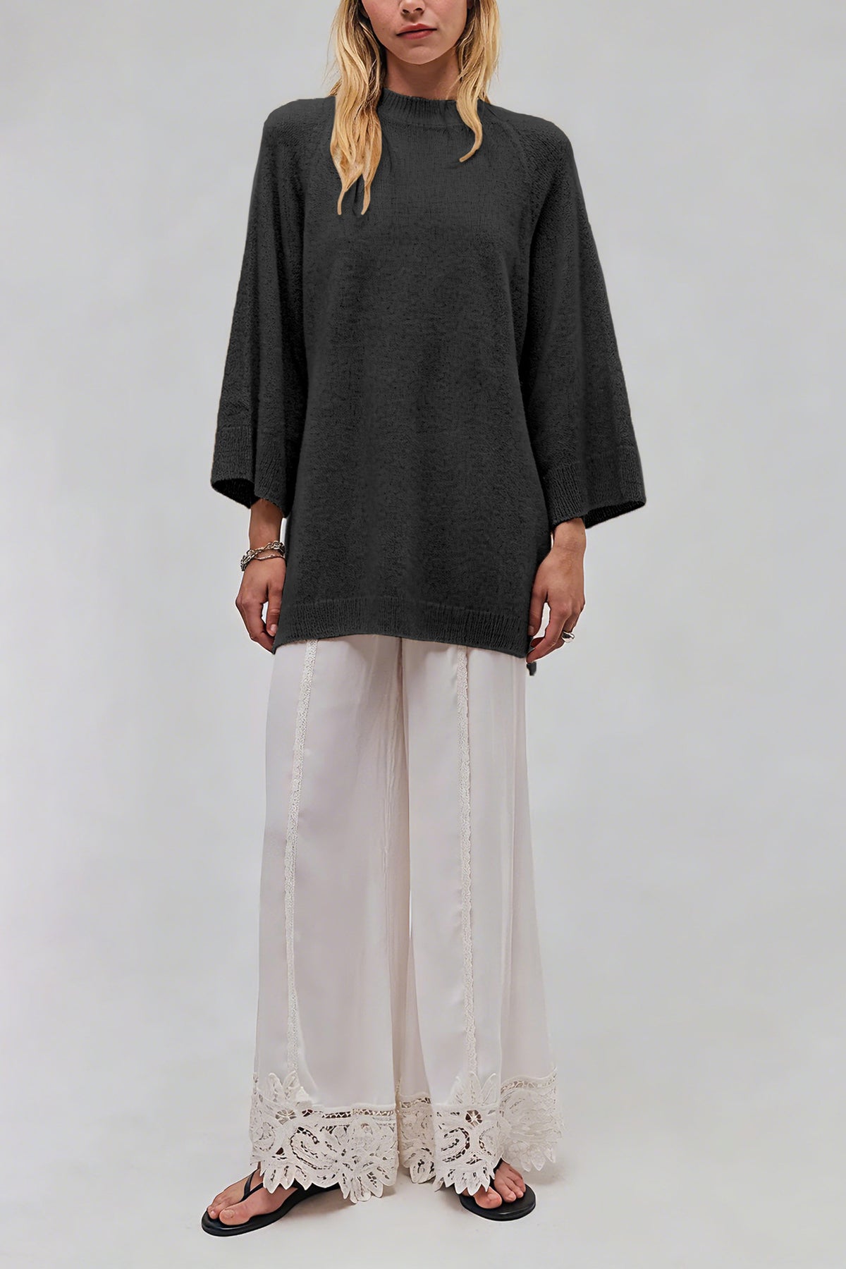 Oversized Tunic Sweater With Side Slits - Black