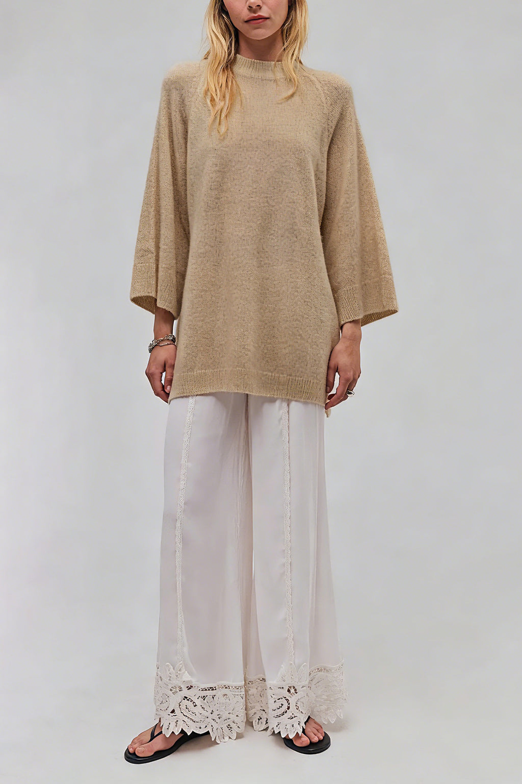 Oversized Tunic Sweater With Side Slits - Khaki - 1