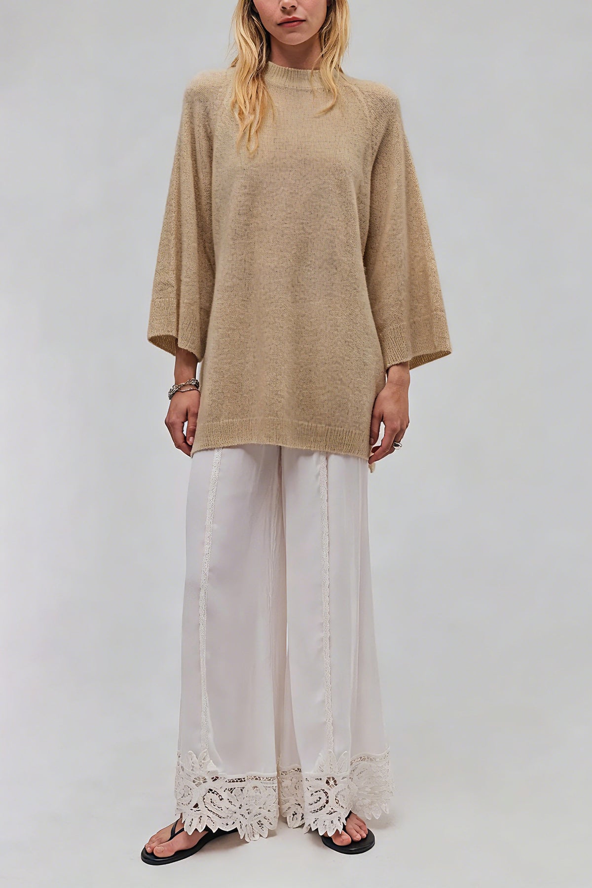 Oversized Tunic Sweater With Side Slits - Khaki - 1