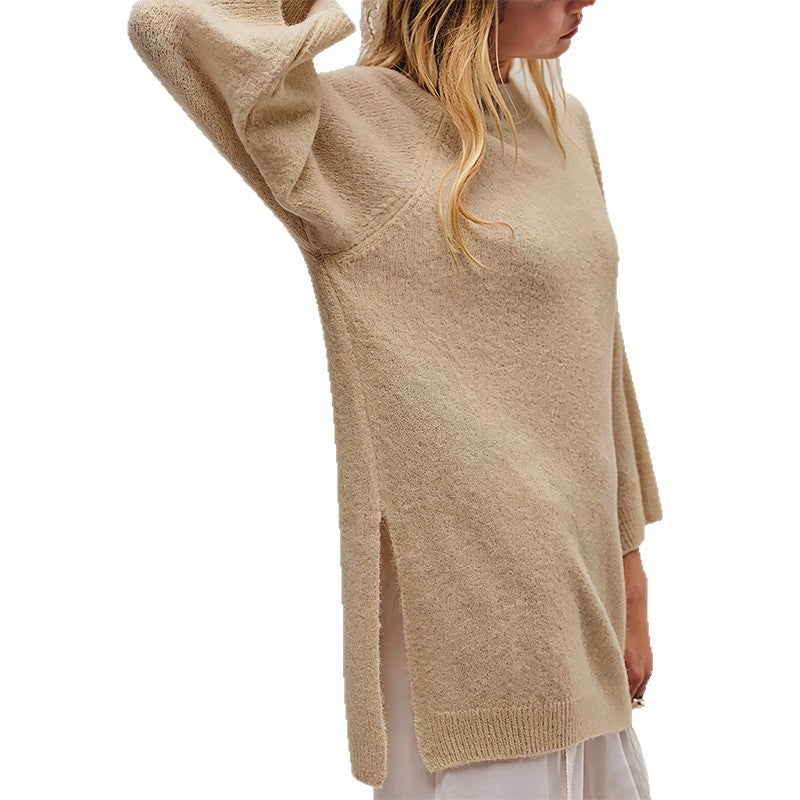 Oversized Tunic Sweater With Side Slits - Khaki - 2