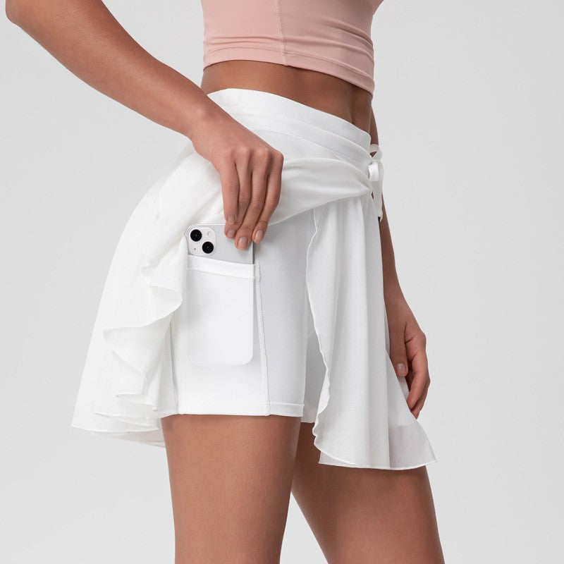 Flowy Mesh Drawstring High Waist Tennis Skort