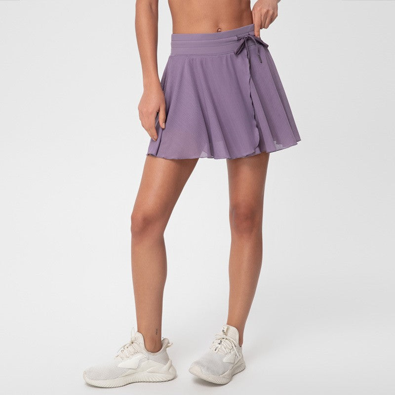 Flowy Mesh Drawstring High Waist Tennis Skort