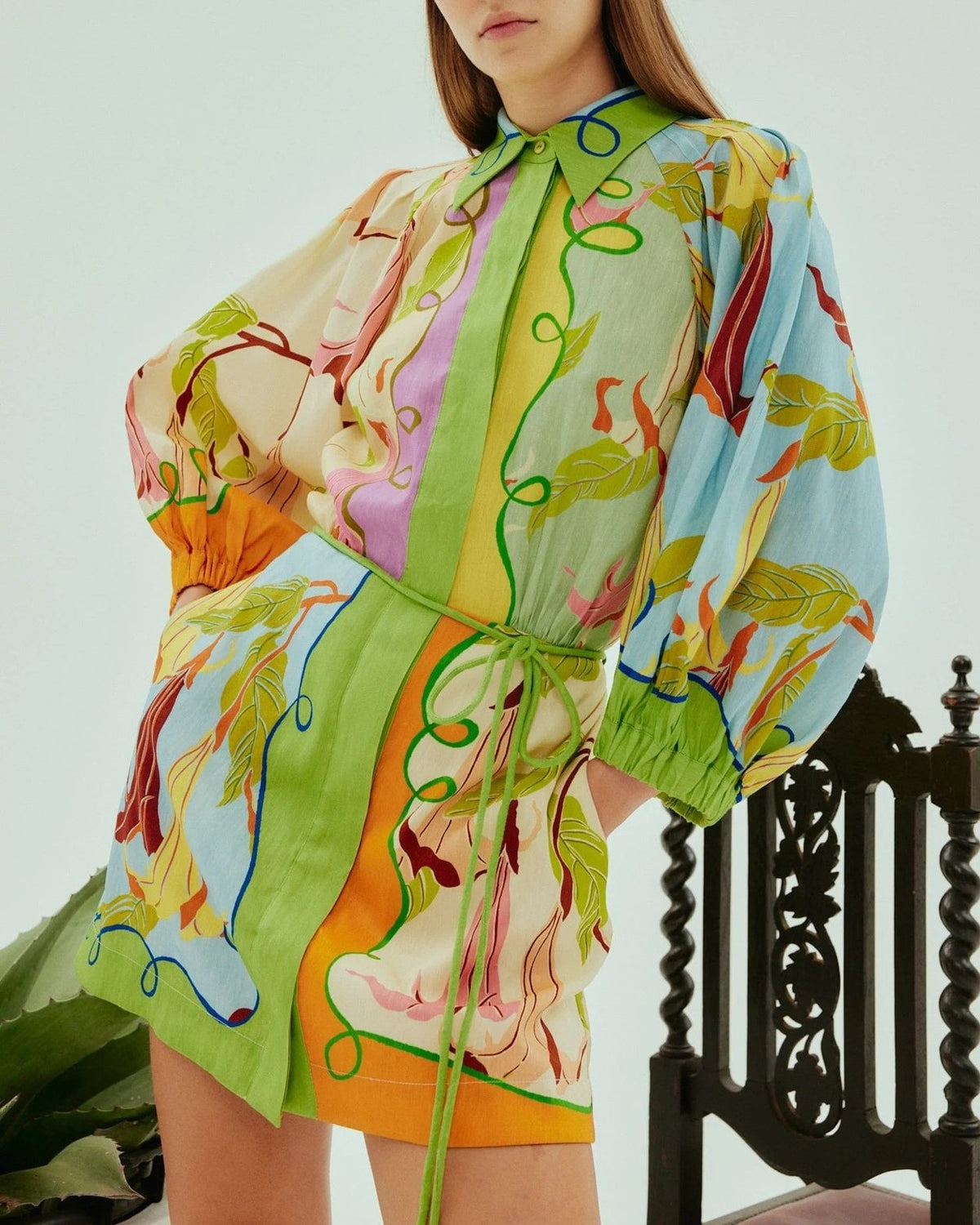 Abstract Print Belted Balloon Sleeve Mini Dress - Decor