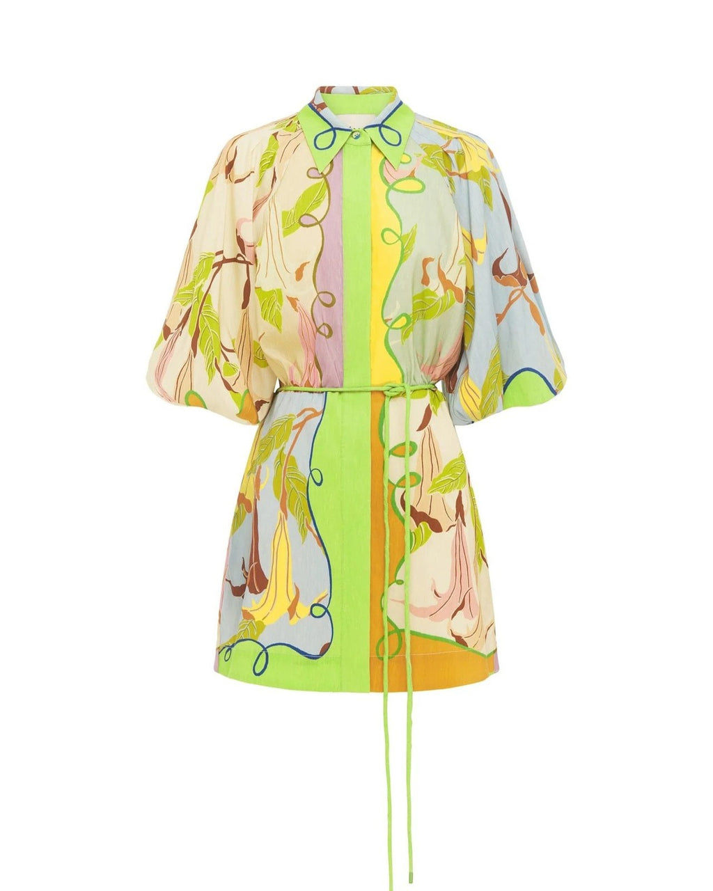 Abstract Print Belted Balloon Sleeve Mini Dress - Decor - 1
