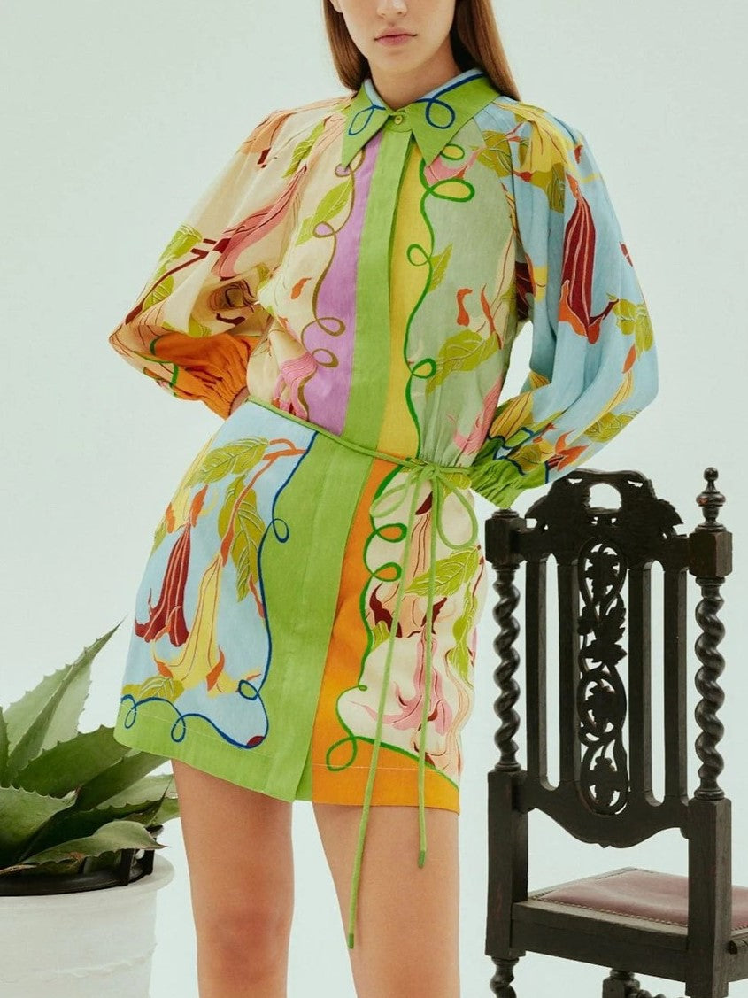 Abstract Print Belted Balloon Sleeve Mini Dress - Decor - 2
