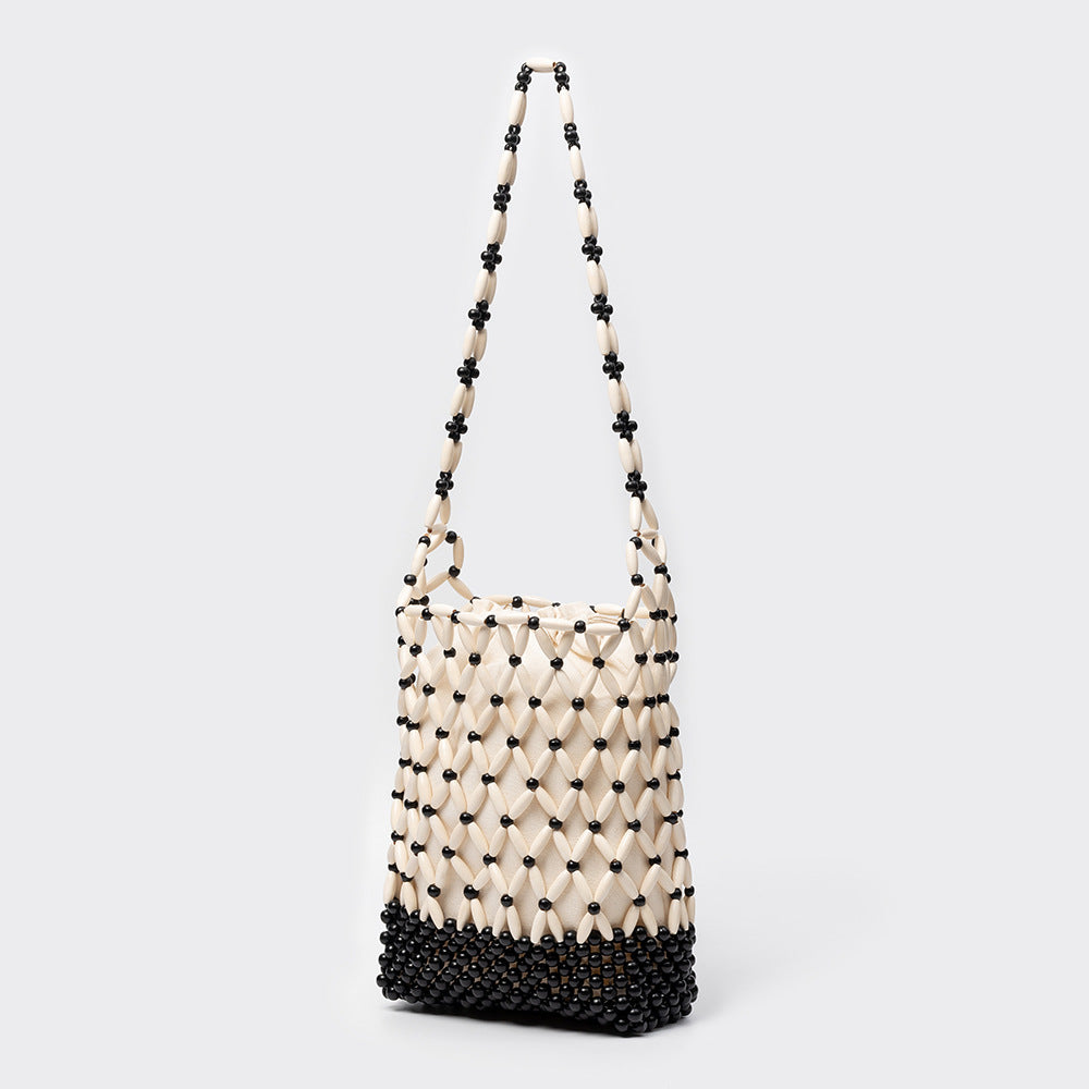 Beaded Lattice Shoulder Tote With Long Strap - Black