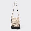 Beaded Lattice Shoulder Tote With Long Strap - Black