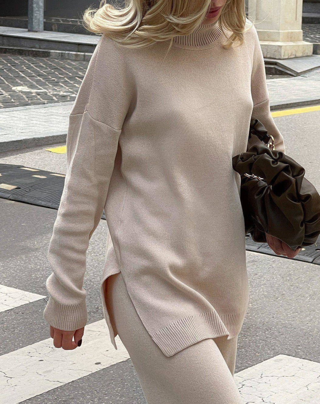 Longline Turtleneck Side Split Sweater - Apricot