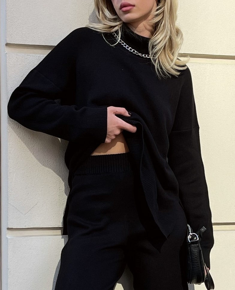Longline Turtleneck Side Split Sweater - Black