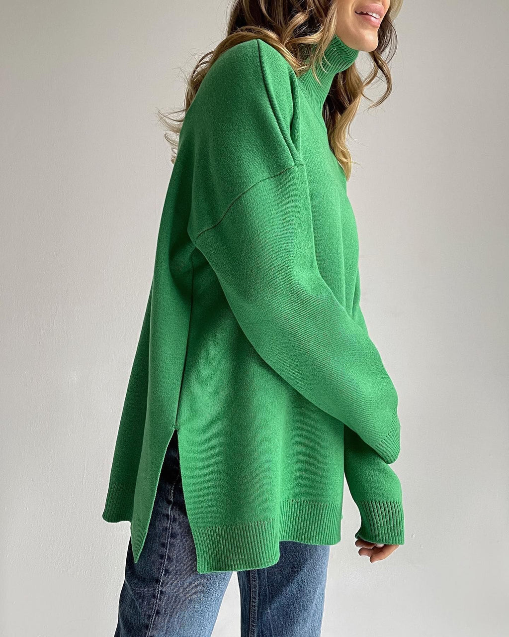 Longline Turtleneck Side Split Sweater - Green