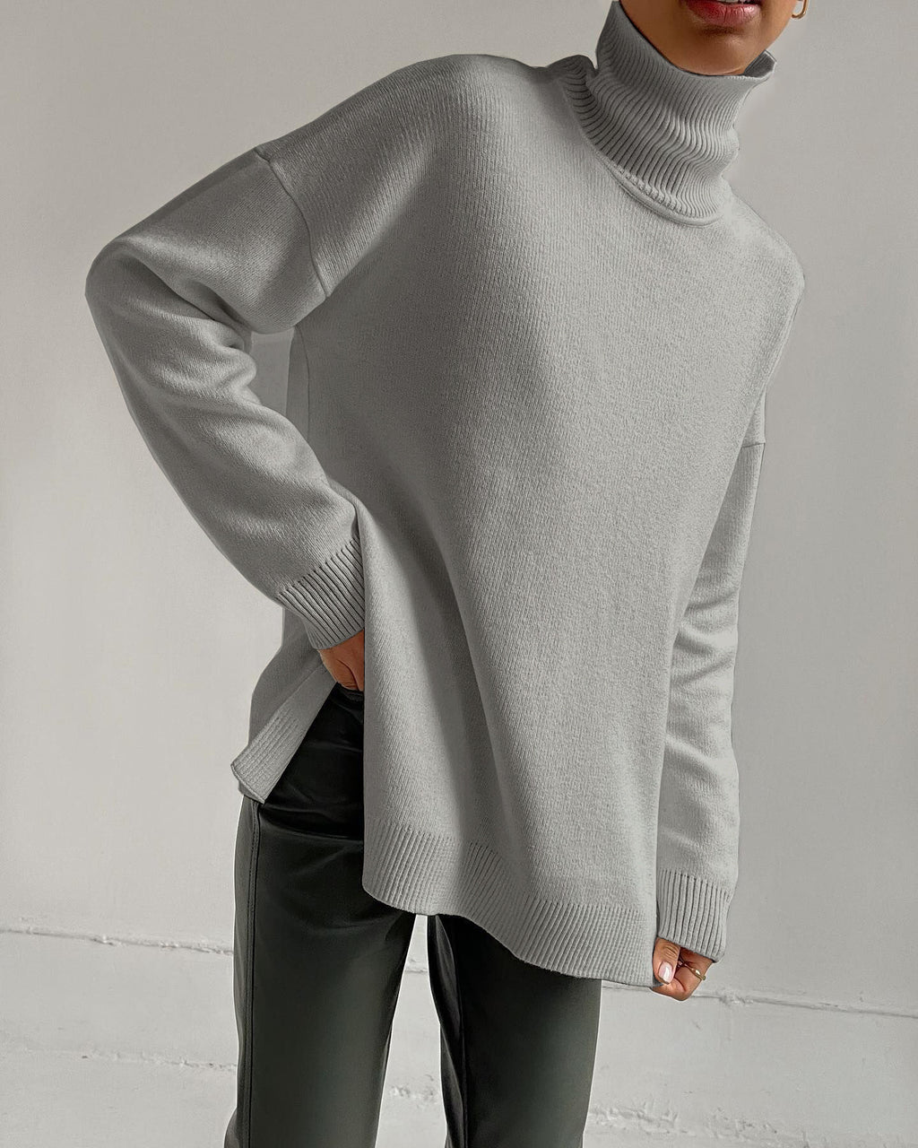 Longline Turtleneck Side Split Sweater - Lightgrey