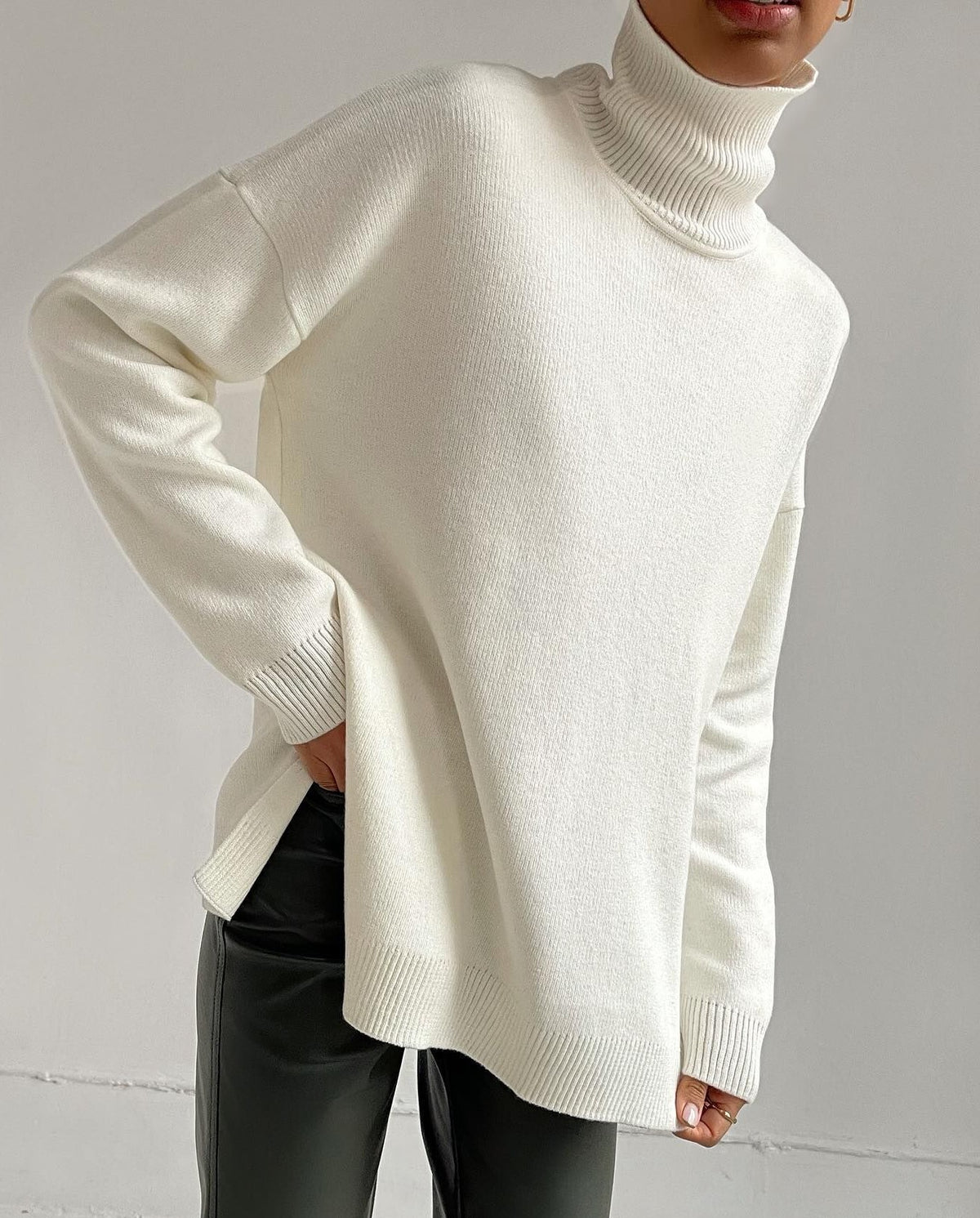 Longline Turtleneck Side Split Sweater - White