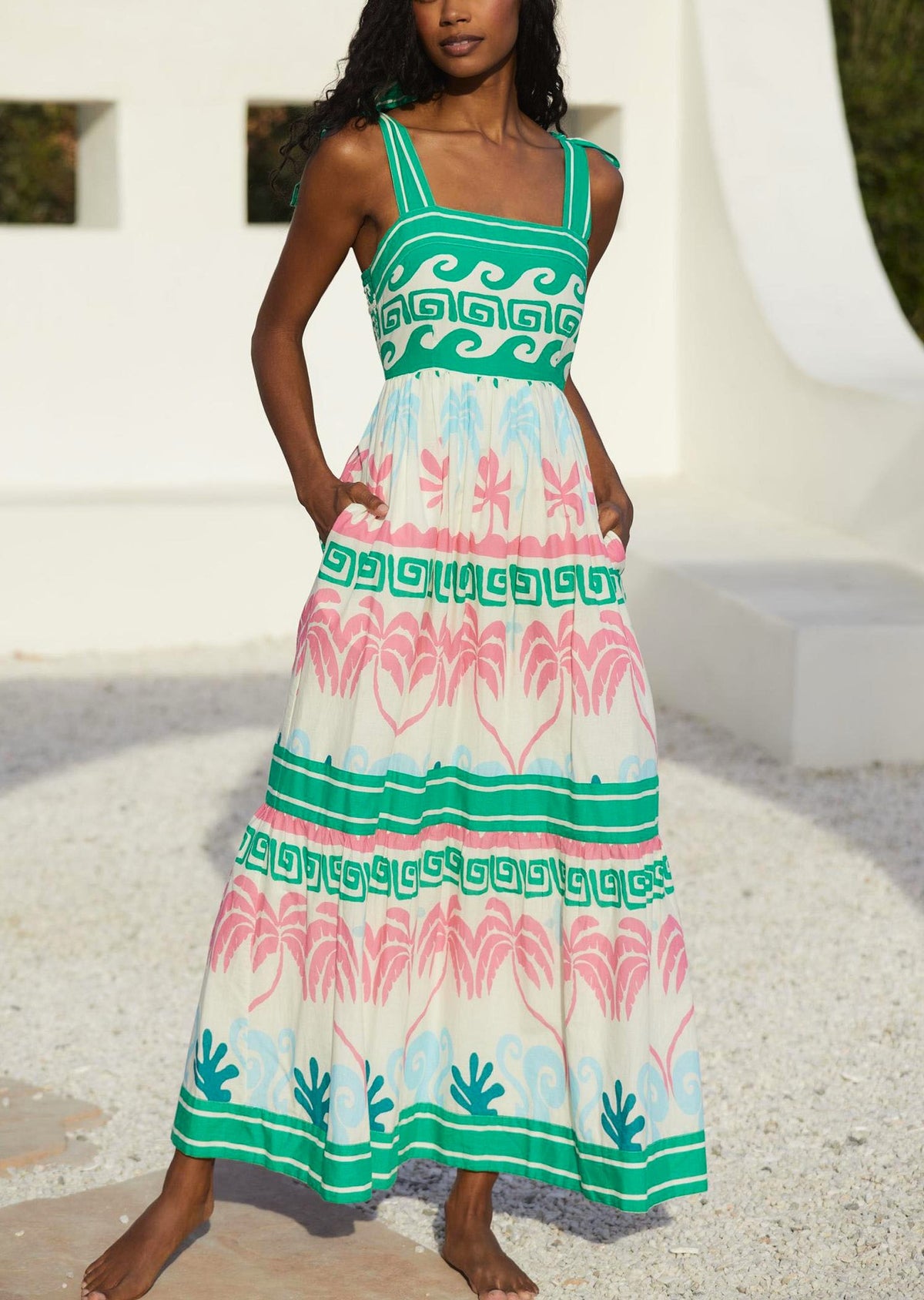 Tie Shoulder Border Print Tiered Maxi Dress - Green