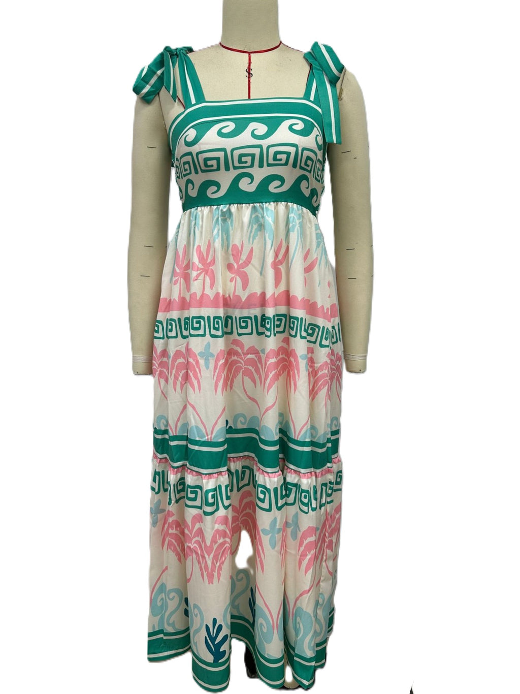Tie Shoulder Border Print Tiered Maxi Dress - Green - 1