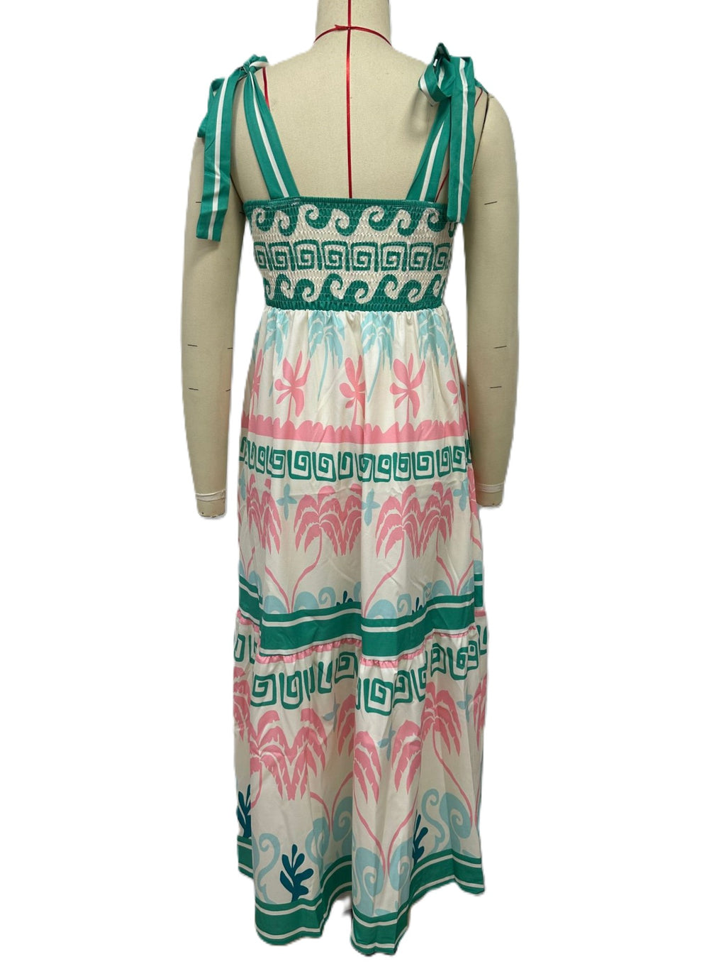 Tie Shoulder Border Print Tiered Maxi Dress - Green - 2