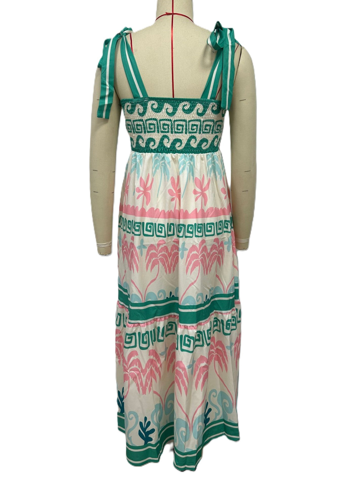 Tie Shoulder Border Print Tiered Maxi Dress - Green - 2
