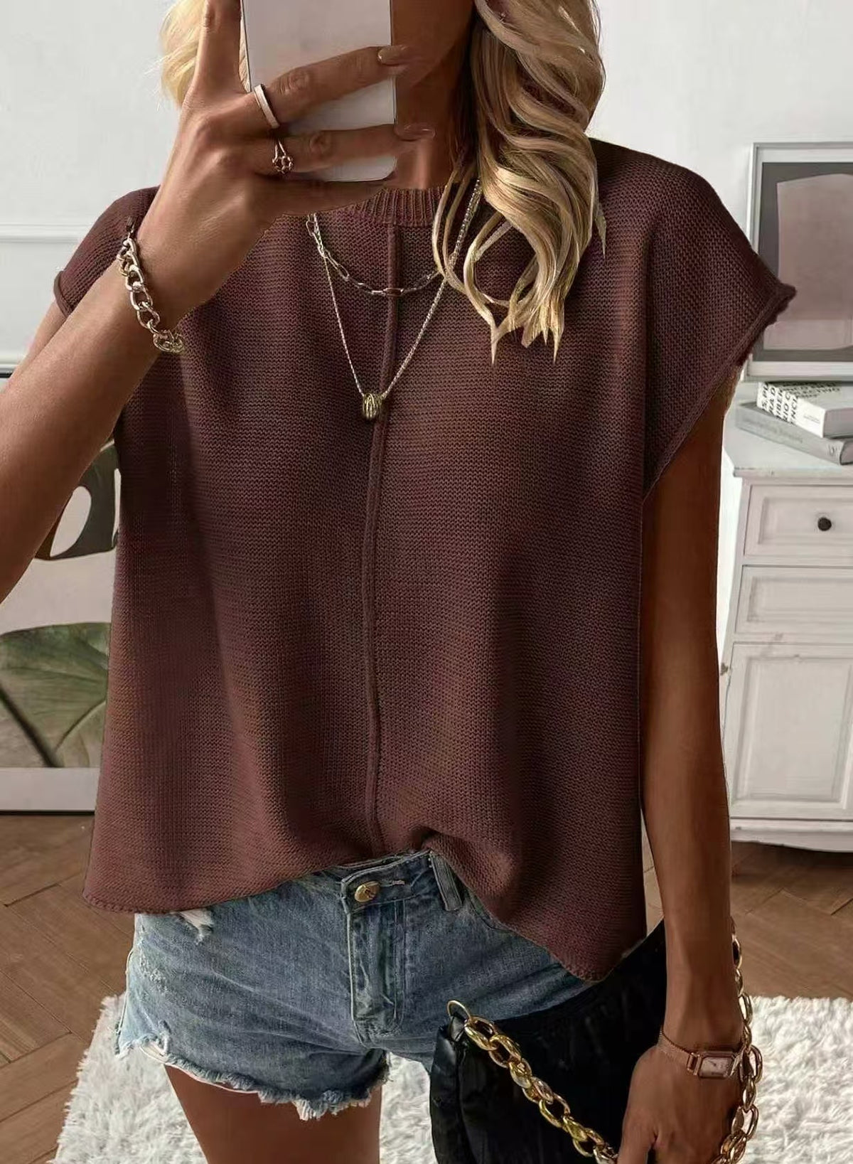 Boxy Ribbed Knit Sweater With Cap Sleeves - Coffee